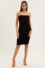 Black Midi Dress Bodycon Ruched Mesh