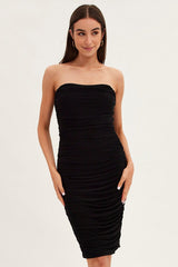 Black Midi Dress Bodycon Ruched Mesh