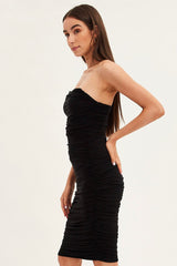Black Midi Dress Bodycon Ruched Mesh