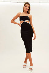 Black Midi Dress Adjustable Straps Cut Out Jersey Rib