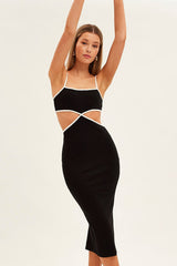 Black Midi Dress Adjustable Straps Cut Out Jersey Rib
