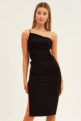 Black One Shoulder Dress Midi Bodycon