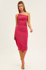 Magenta One Shoulder Dress Midi Bodycon