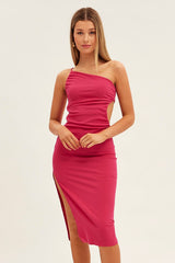 Magenta One Shoulder Dress Midi Bodycon