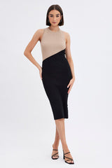 Black Midi Dress Round Neck Colour Blocked Knit