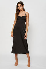 Black Midi Dress Cowl Neck Satin
