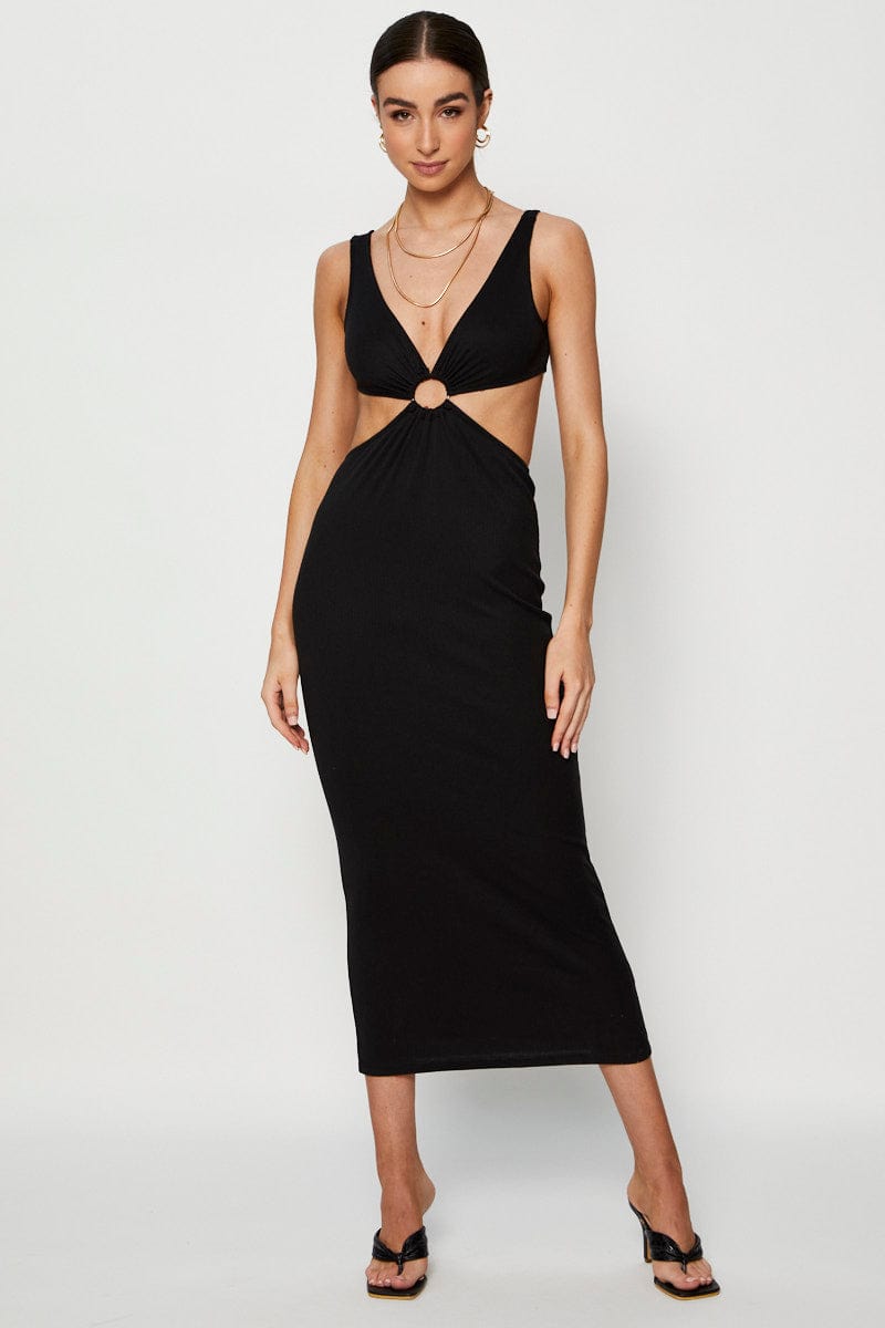 Black Midi Dress Ribbed Cut Out