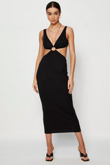 Black Midi Dress Ribbed Cut Out