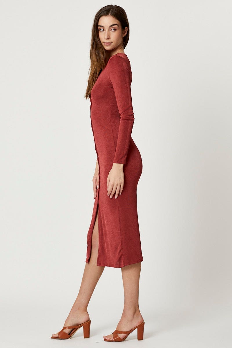 Brown Button Front Slinky Midi Dress