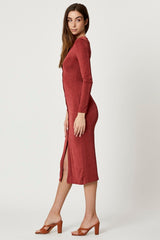 Brown Button Front Slinky Midi Dress