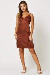 Brown Lace Trim Slip Dress