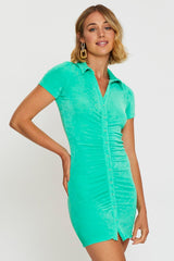 Green Mini Dress Slinky Ruched