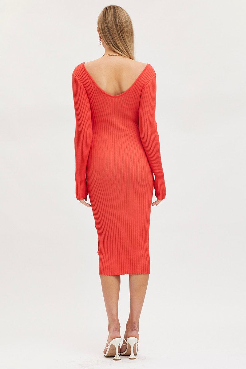 Orange Knit Dress Evening Midi