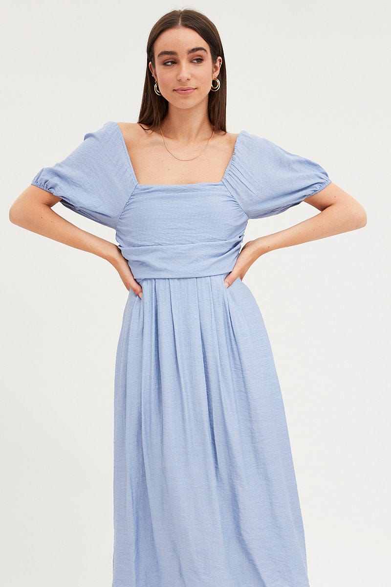 Blue Midi Dress Evening Square Neck
