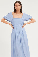 Blue Midi Dress Evening Square Neck