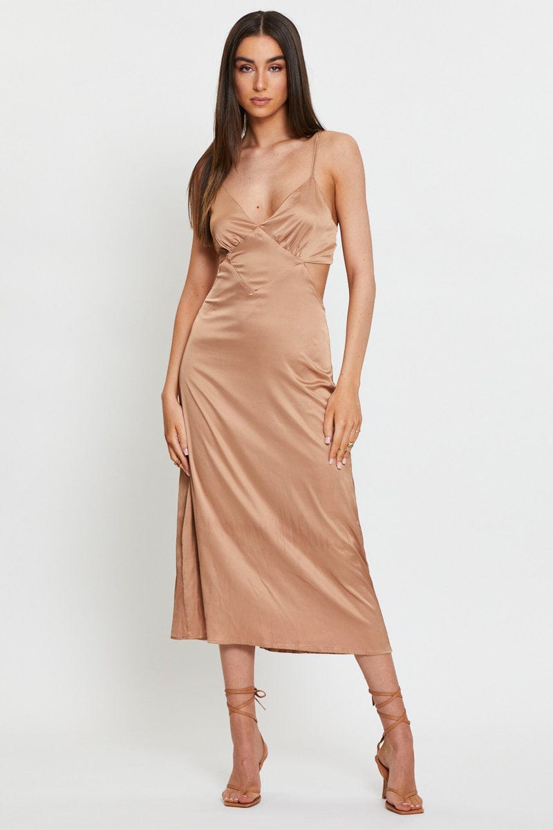 Brown Midi Dress Satin