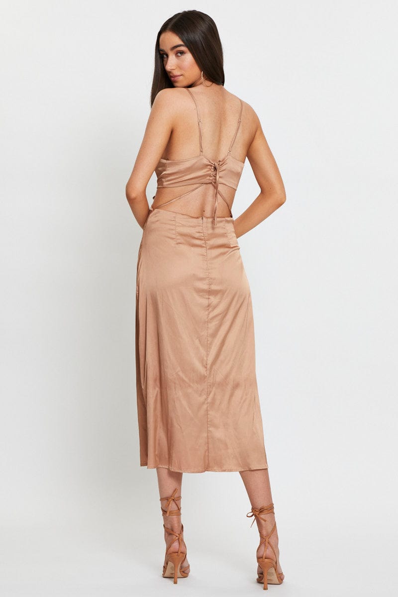 Brown Midi Dress Satin