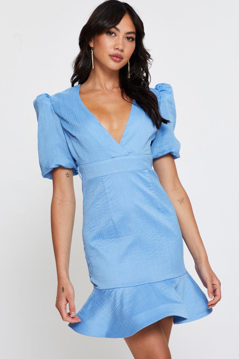 Blue Mini Dress V Neck