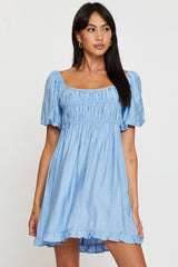 Blue Mini Dress Short Sleeve Evening