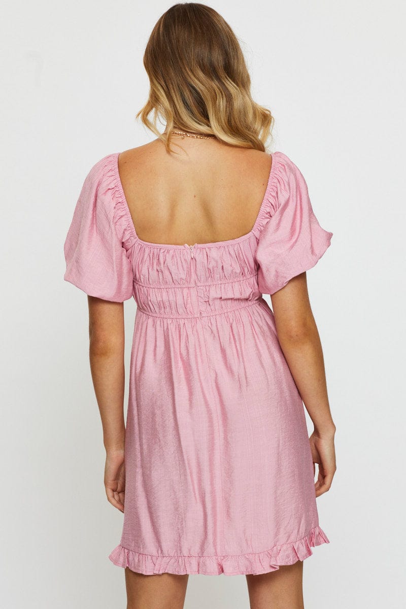 Pink Mini Dress Short Sleeve Evening