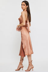 Brown Slip Dress Midi Satin