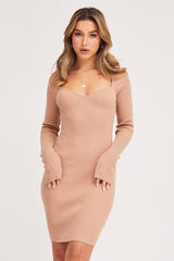 Brown Dress Long Sleeve Mini Sweetheart Knit