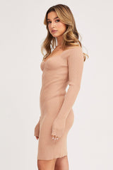 Brown Dress Long Sleeve Mini Sweetheart Knit