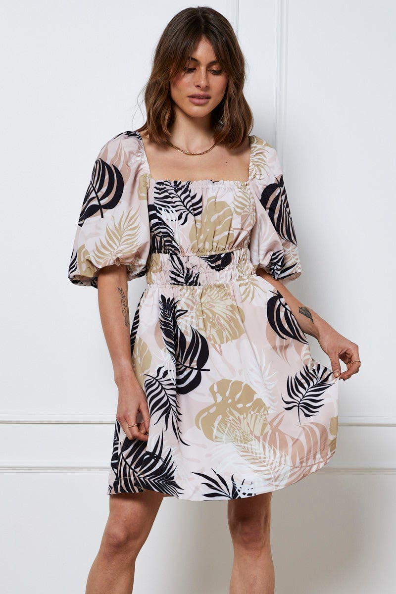 Trop Print Mini Dress Short Sleeve Square Neck