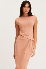 Orange Midi Dress Short Sleeve Round Neck