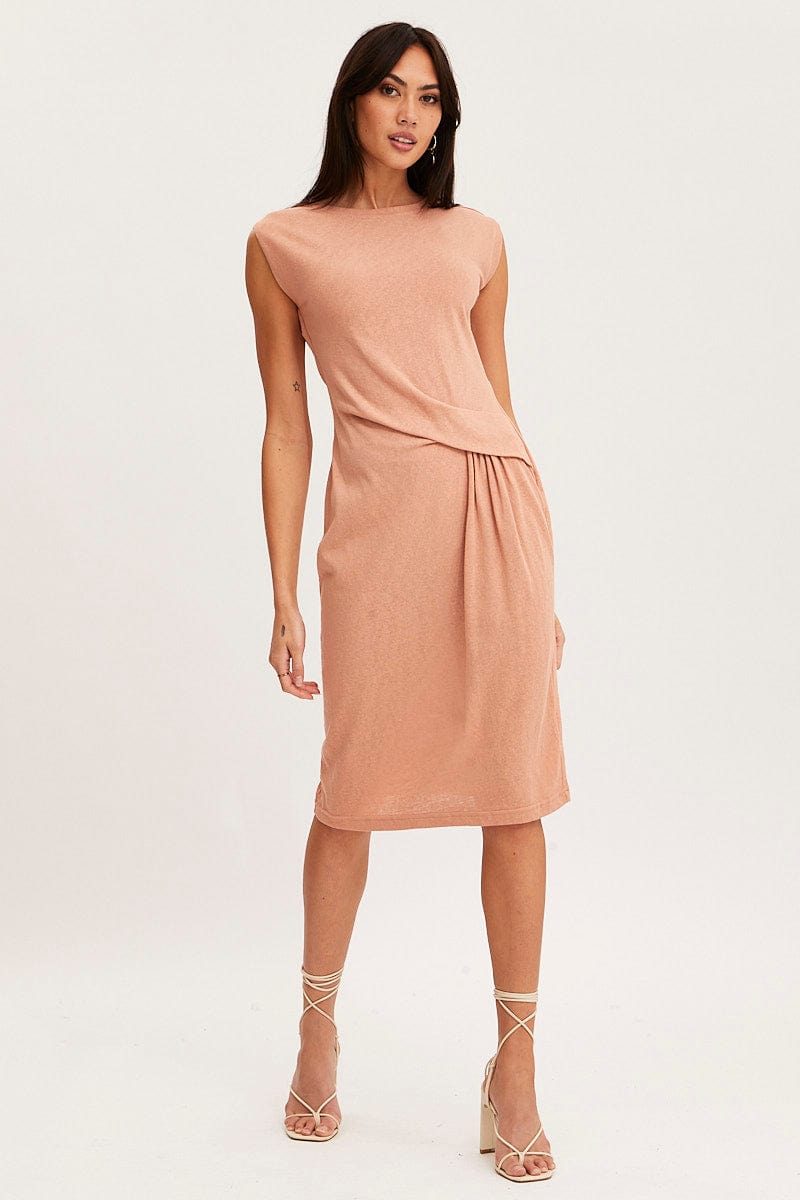 Orange Midi Dress Short Sleeve Round Neck