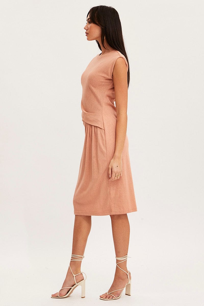 Orange Midi Dress Short Sleeve Round Neck