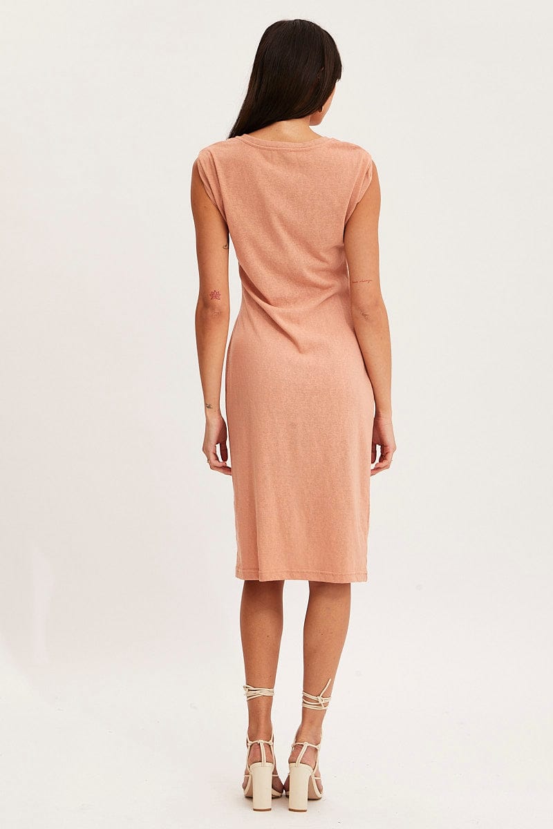 Orange Midi Dress Short Sleeve Round Neck