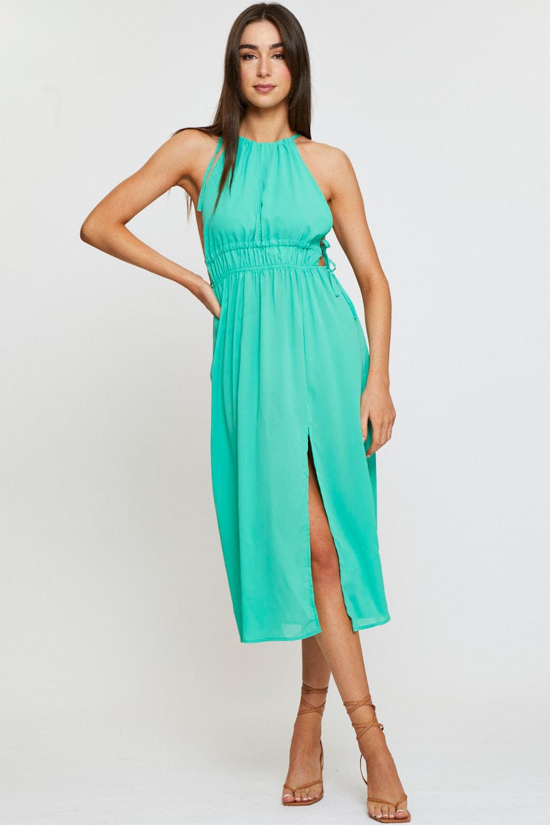 Green Midi Dress Sleeveless Front Split