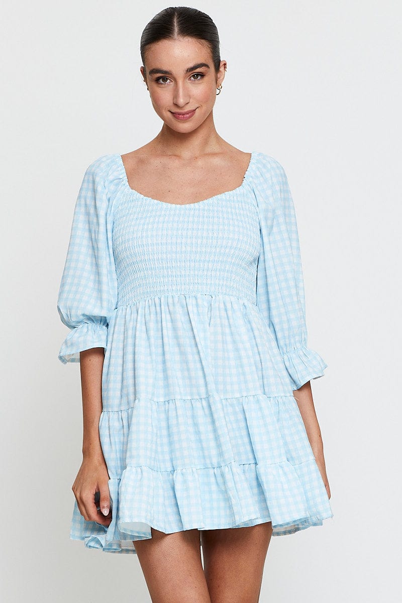 Check Fit And Flare Dress Long Sleeve Sweetheart Neck