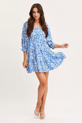 Ditsy Print Fit And Flare Dress Long Sleeve Square Neck