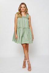 Green Mini Dress Sleeveless Square Neck