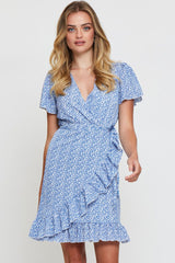 Print Wrap Dress Short Sleeve V Neck