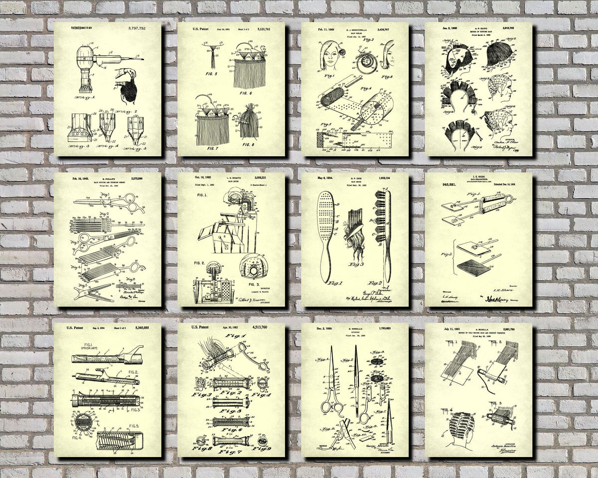 Hairdressing Patent Prints Set 12 Hair Salon Posters