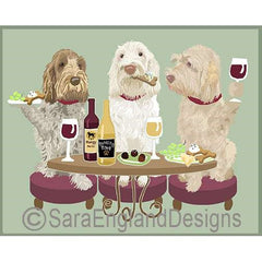 Dog art of 3 Spinones Italiano sitting on stools at a table with wine and snacks.