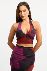 Black Floral Halter Neck Top Tie Back Mesh