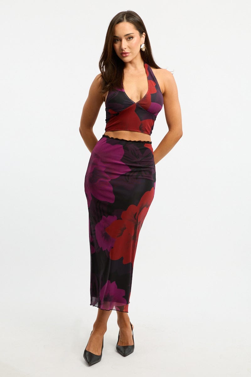 Black Floral Halter Neck Top Tie Back Mesh