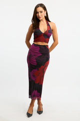 Black Floral Halter Neck Top Tie Back Mesh