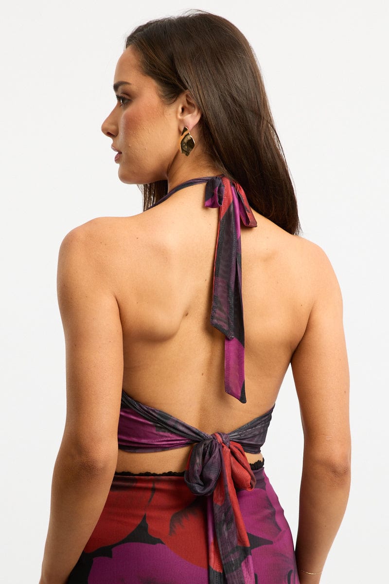 Black Floral Halter Neck Top Tie Back Mesh