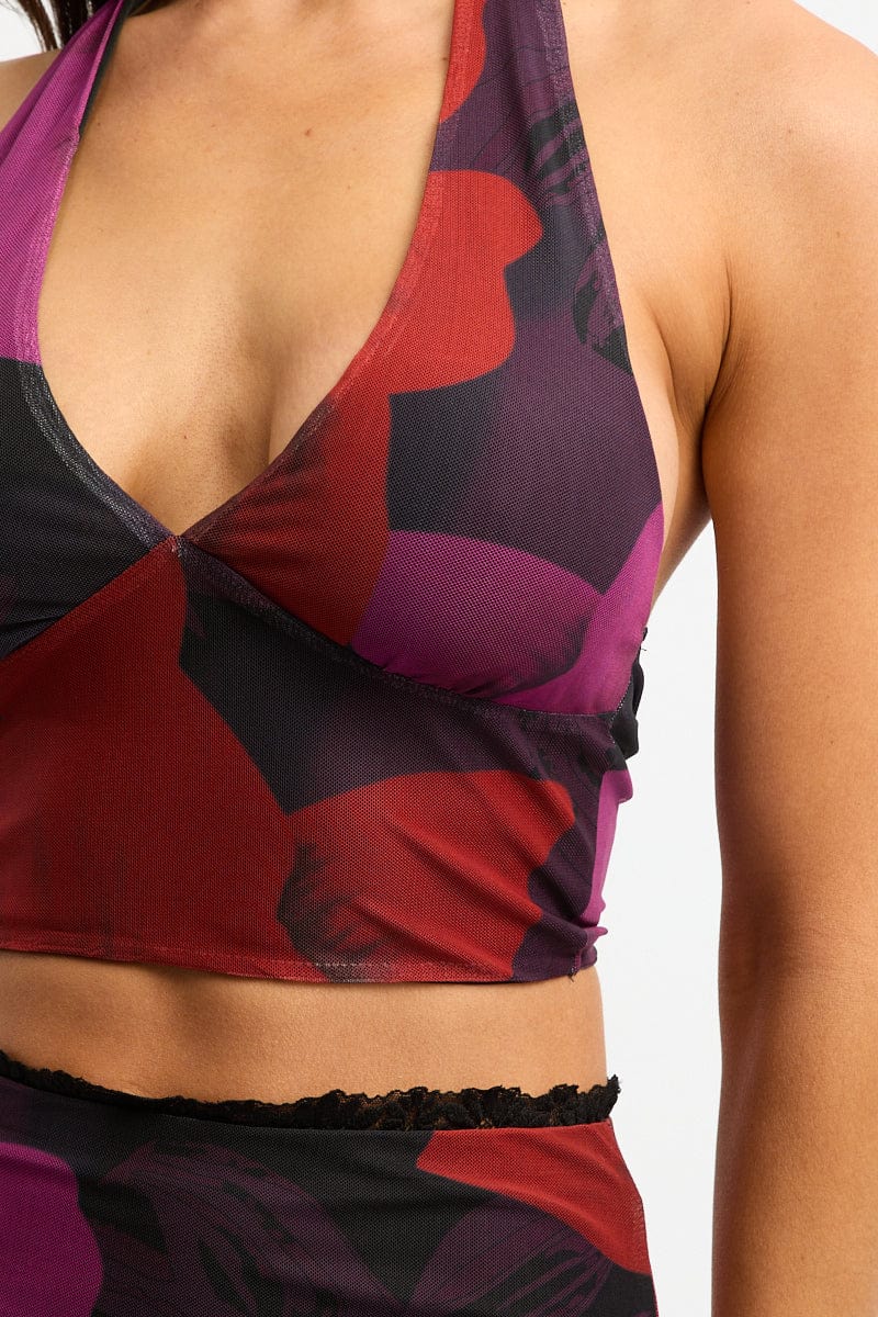 Black Floral Halter Neck Top Tie Back Mesh