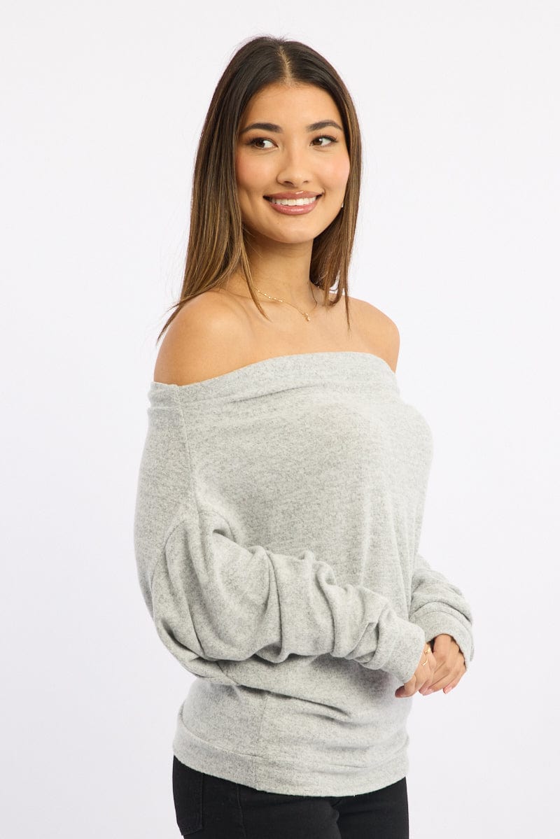 Grey Off Shoulder Top Long Sleeve