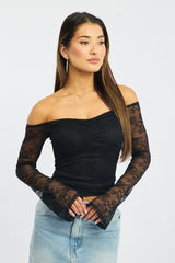 Black Off Shoulder Top Long Sleeve Lace