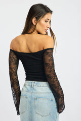Black Off Shoulder Top Long Sleeve Lace