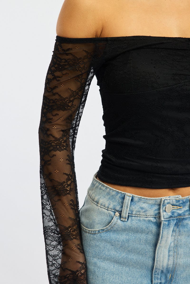 Black Off Shoulder Top Long Sleeve Lace