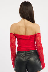 Red Off Shoulder Top Long Sleeve Lace
