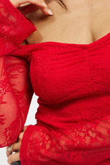 Red Off Shoulder Top Long Sleeve Lace